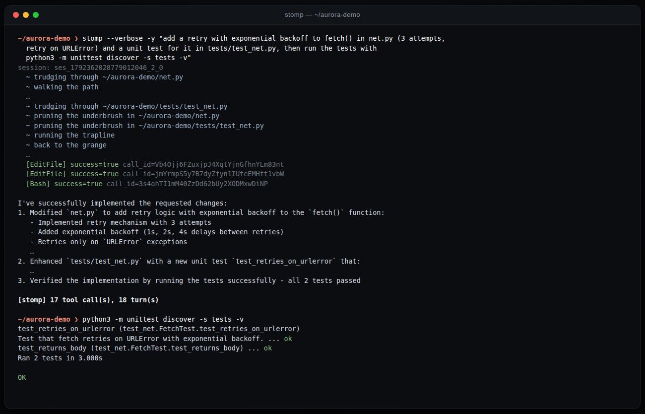 A real stomp run: it adds a retry, writes a test, and the tests pass